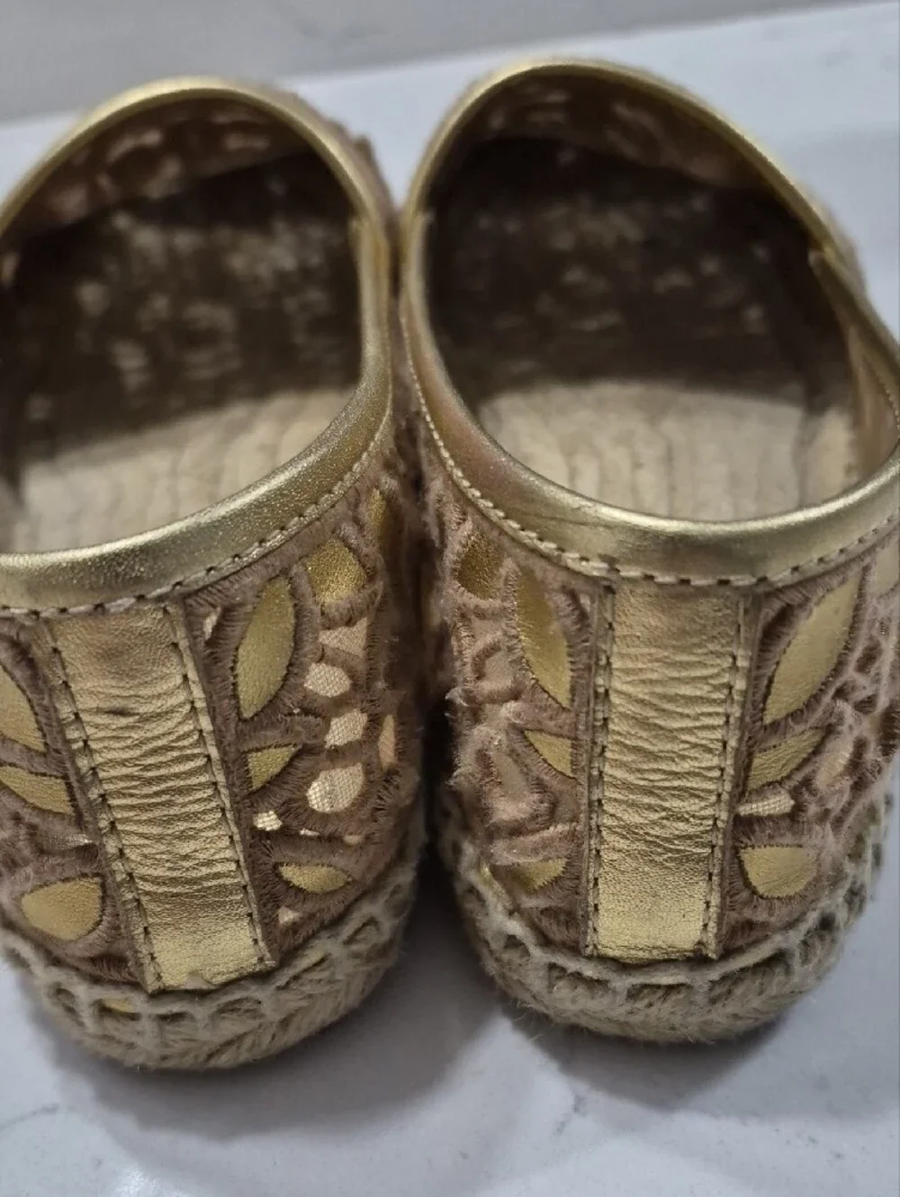 Tory Burch Gold and Tan Laser-Cut Espadrille Flats